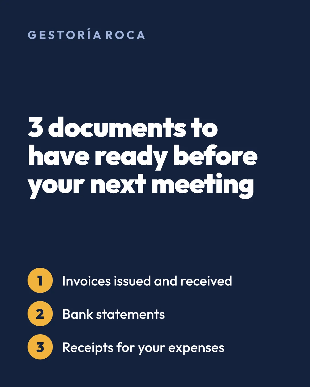 Design listing three documents: invoices issued and received, bank statements and receipts for expenses