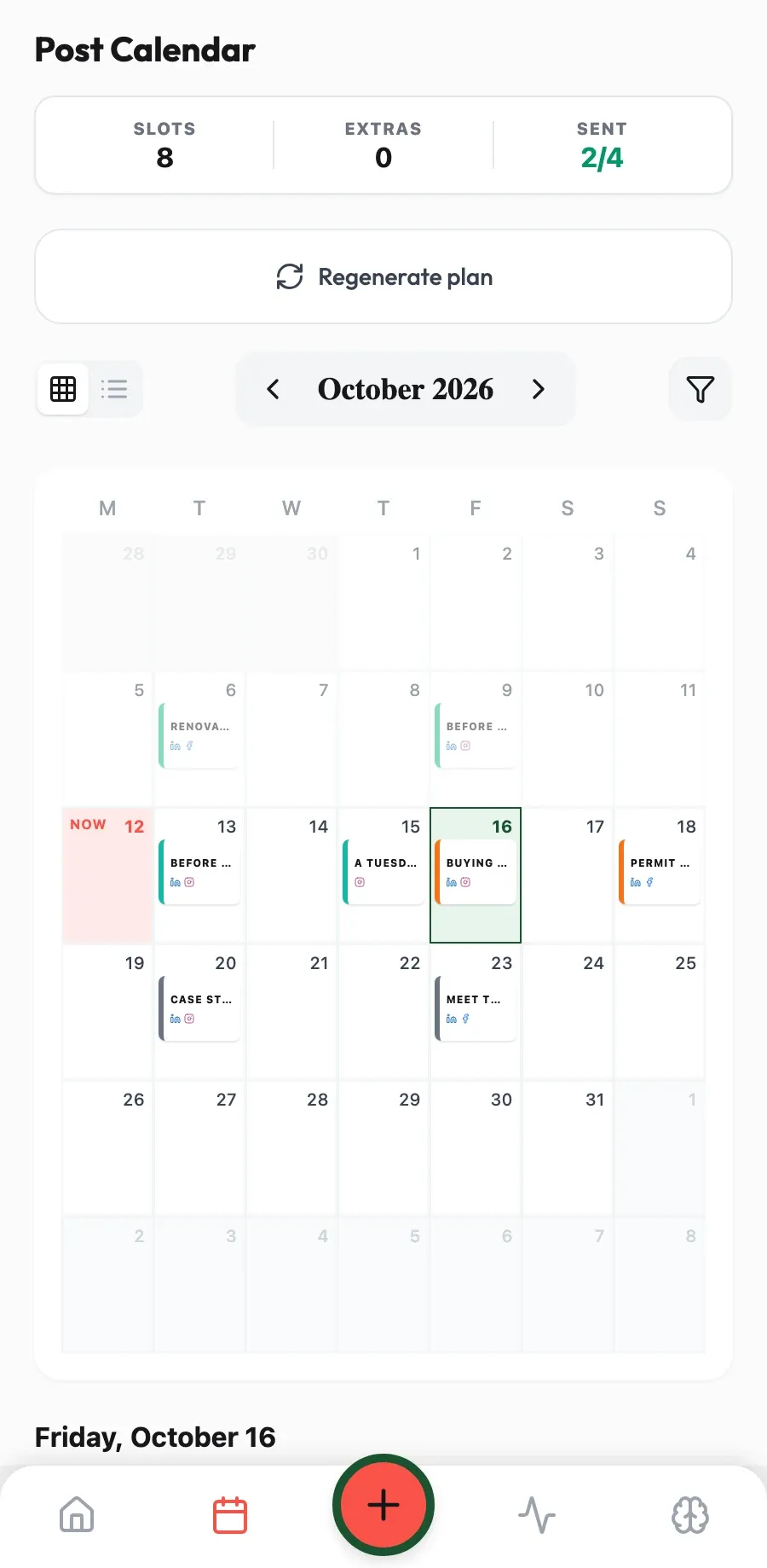 Your week, planned. Projects, process and permit dates laid out in a calendar, ready to review.