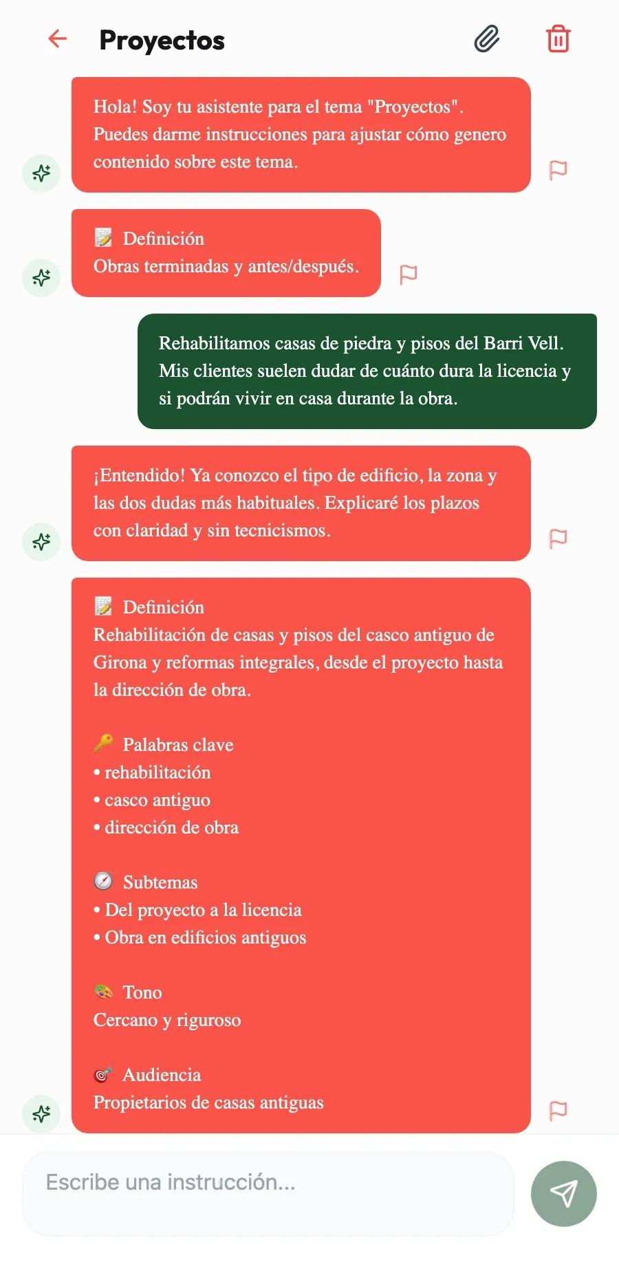 Aprende cómo trabajas. Cuéntale qué reformas haces y para quién; cada texto sale con tu criterio.