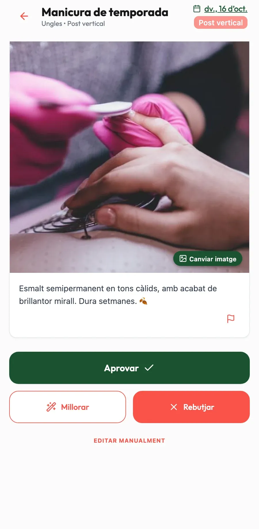 Textos a punt per aprovar. Sindria descriu els teus balayages i manicures amb el teu to; tu decideixes.