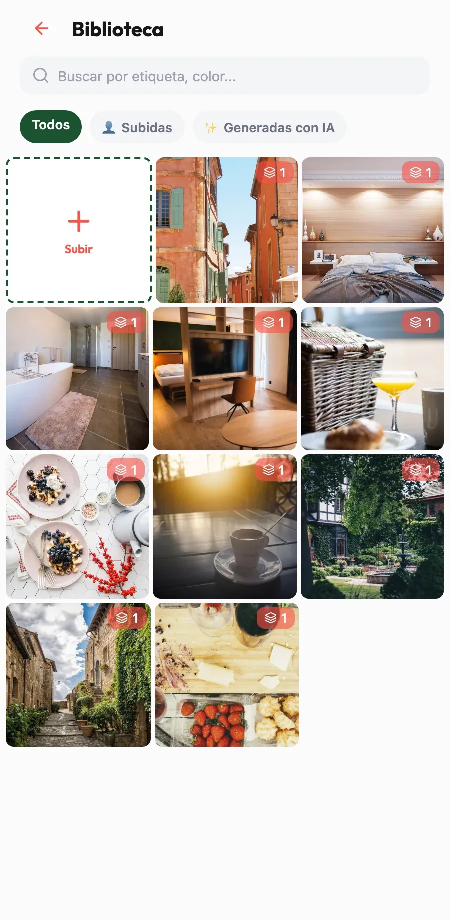 Tus fotos, siempre a mano. Habitaciones, patio y desayunos ordenados y etiquetados para tu próxima publicación.