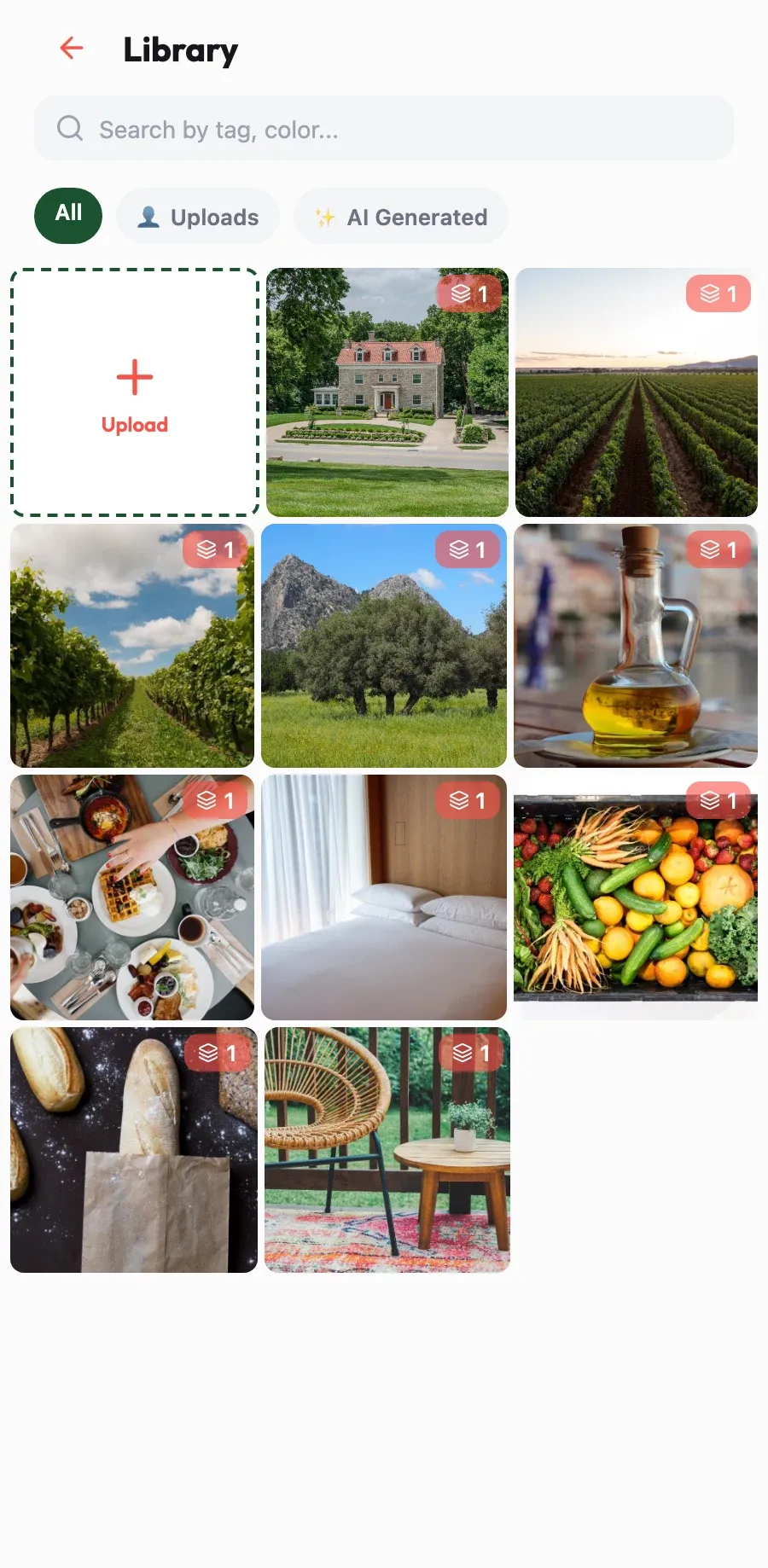 Your photos, at hand. Vineyard, olive grove and rooms are organised in a library, ready for each post.