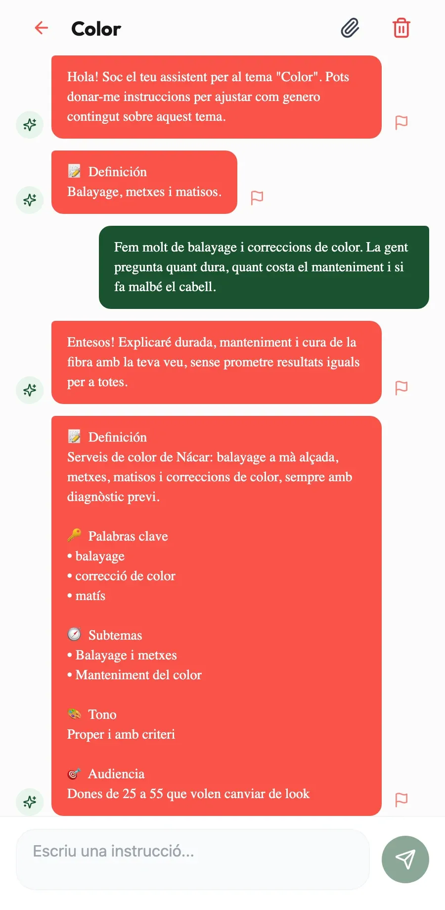 Coneix els teus serveis. Explica-li com treballes el balayage i ho aplicarà a cada post.