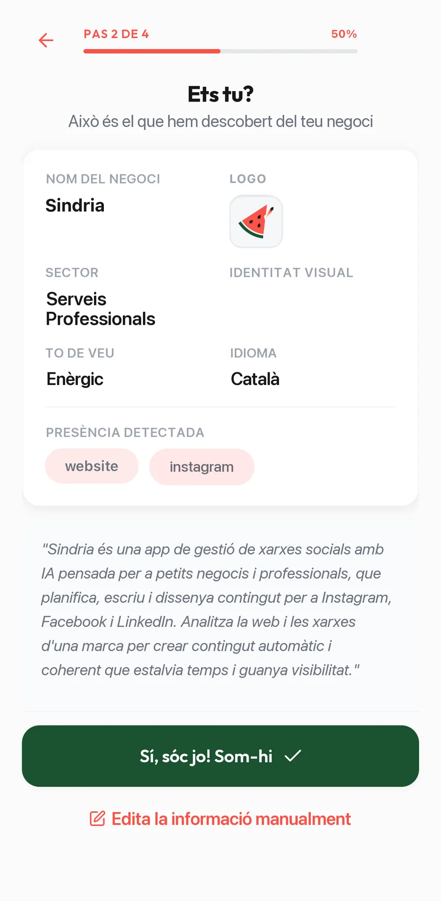 Resultat de l'Escaneig Màgic: nom, logo, sector, to de veu i presència detectada