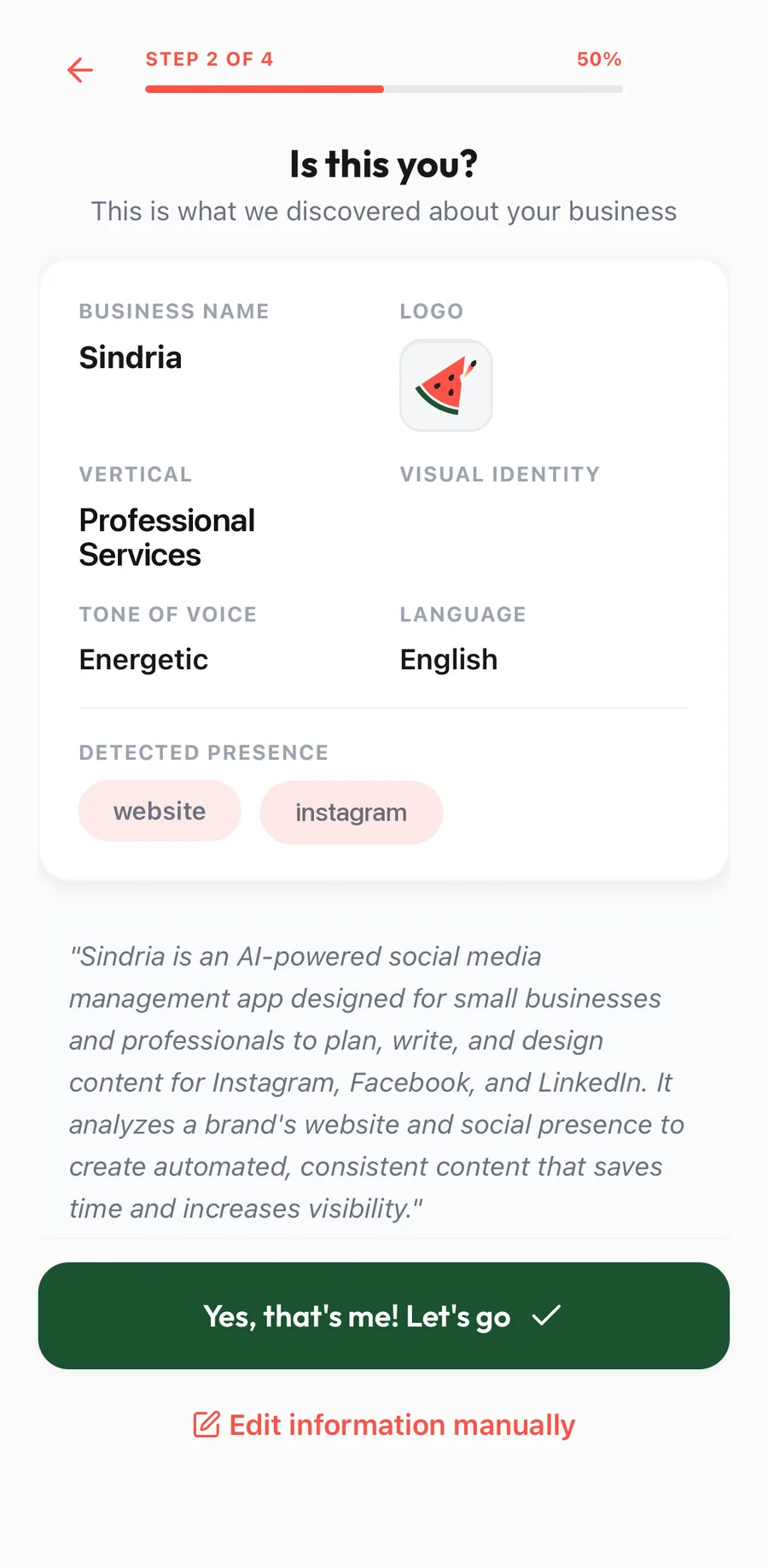Magic Scan result: business name, logo, sector, tone of voice and detected presence
