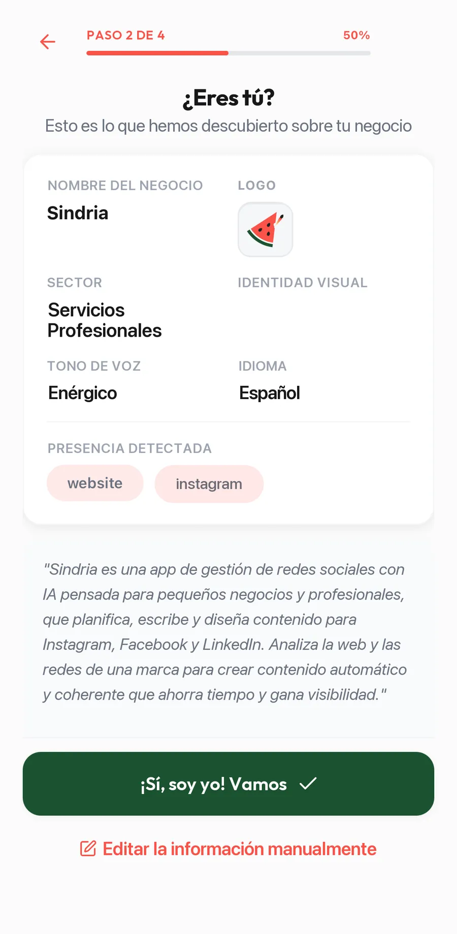Resultado del Escaneo Mágico: nombre, logo, sector, tono de voz y presencia detectada