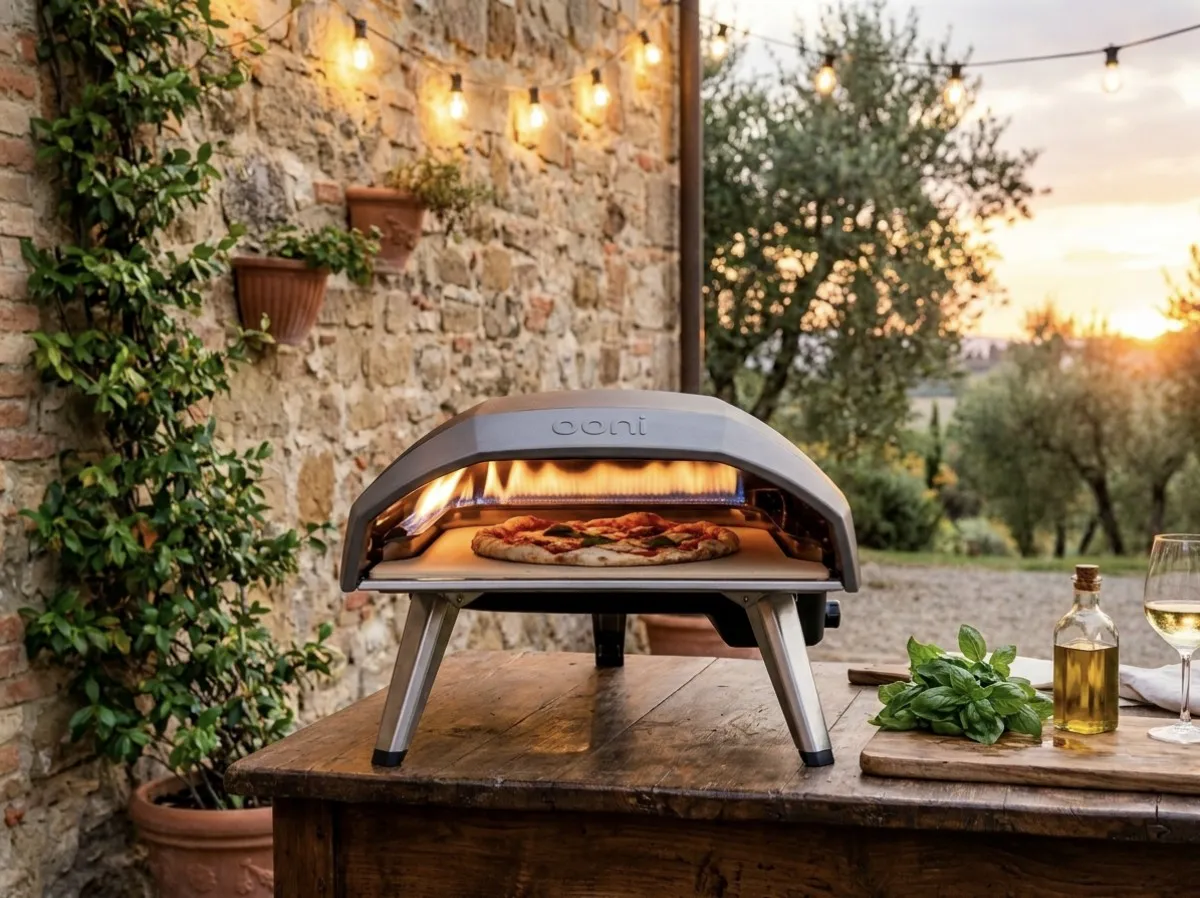 Pizza oven on a wooden table in a stone courtyard at sunset
