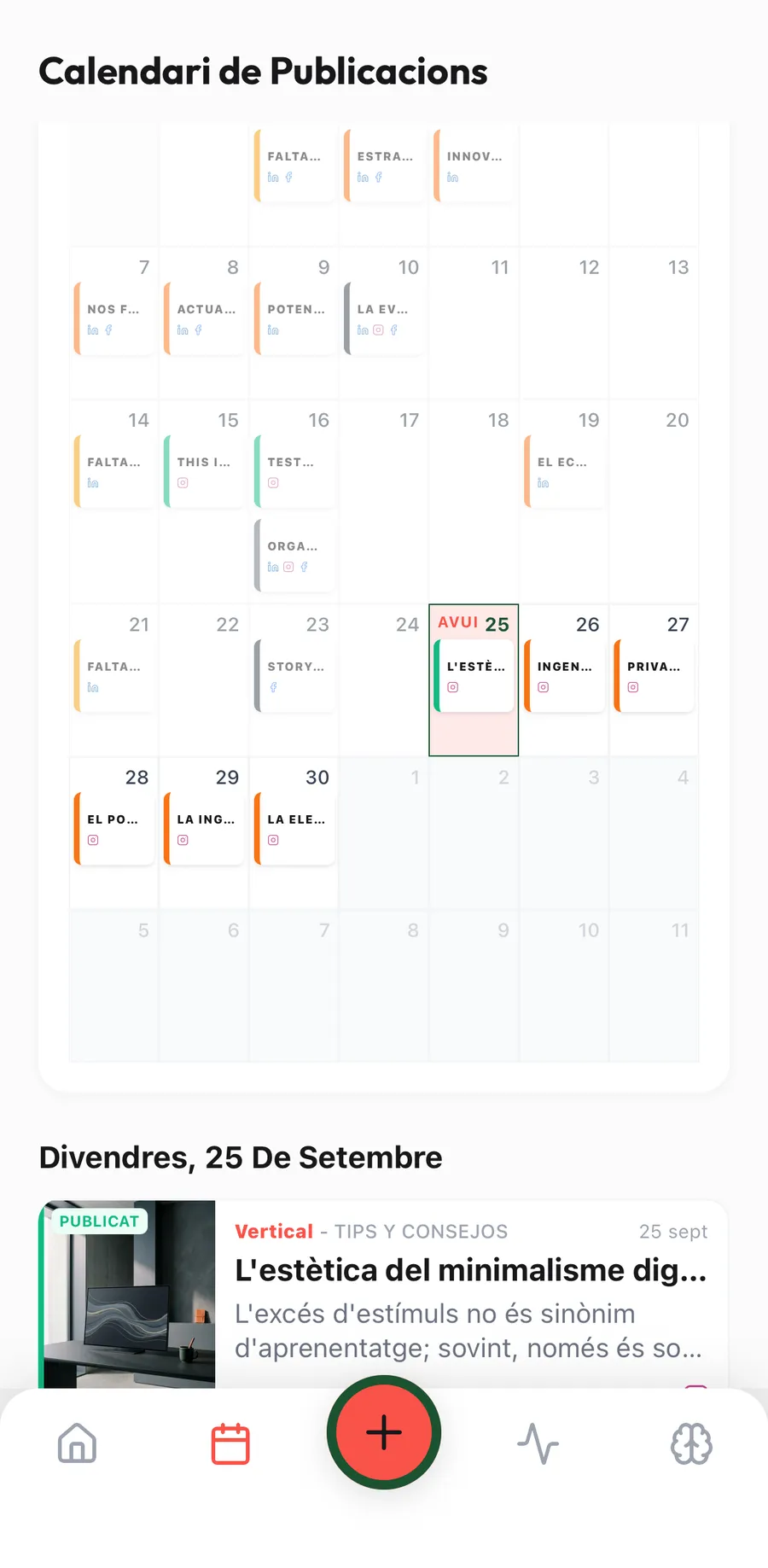 Calendari de publicacions de Sindria, amb un mes de posts programats