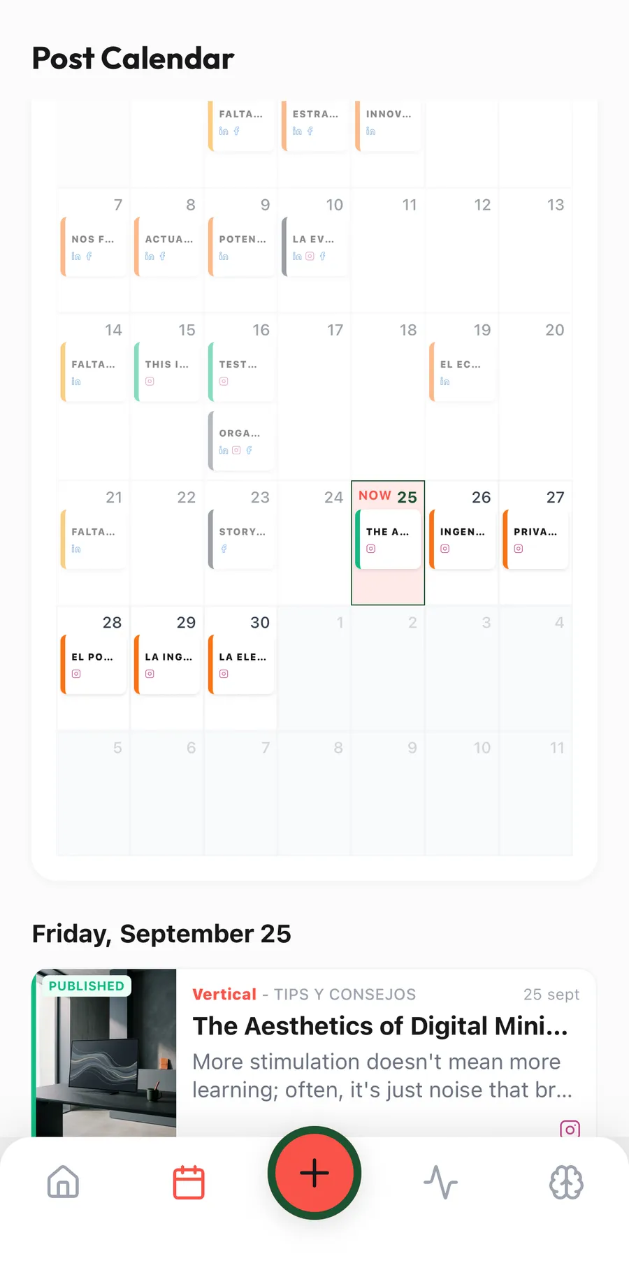 Sindria's post calendar, with a month of scheduled posts