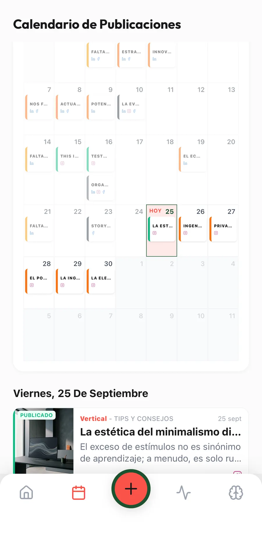 Calendario de publicaciones de Sindria, con un mes de posts programados