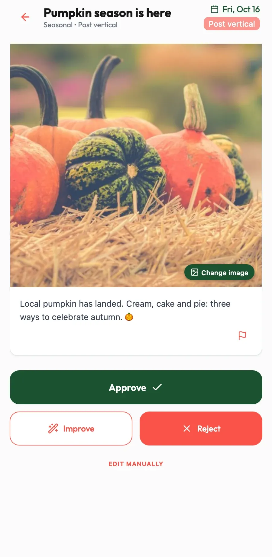 Copy in your voice. It drafts every post your way; you just approve, improve or reject.