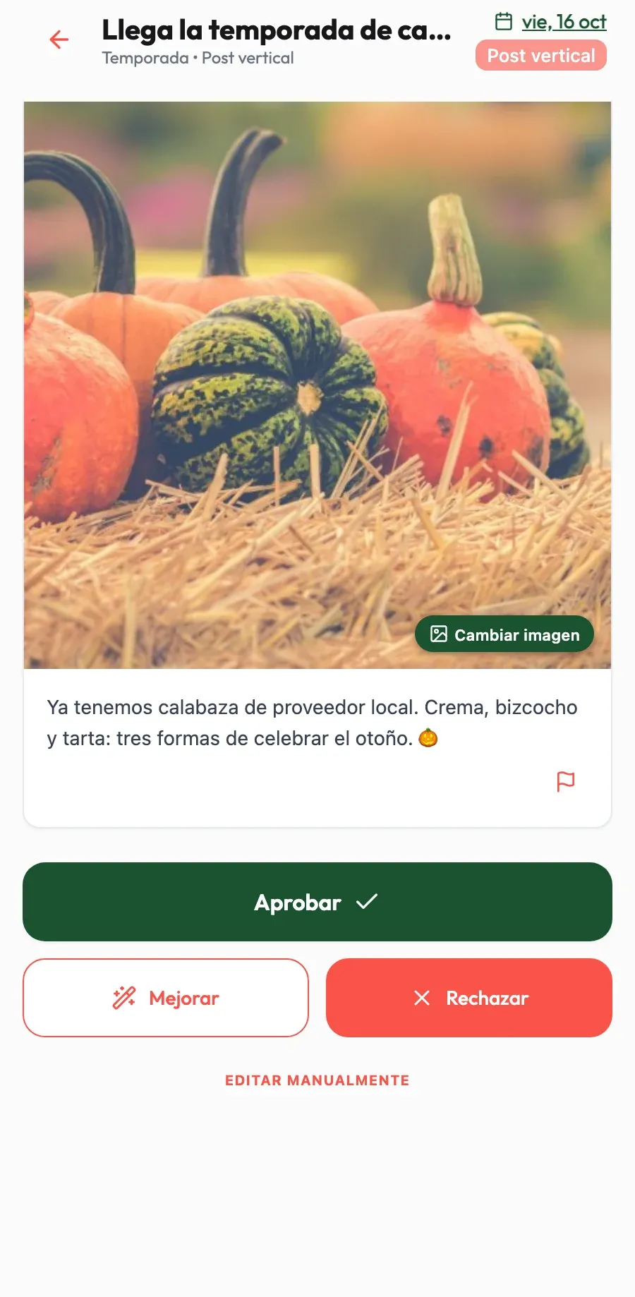 Textos con tu humor. Redacta cada post a tu manera; tú solo apruebas, mejoras o rechazas.