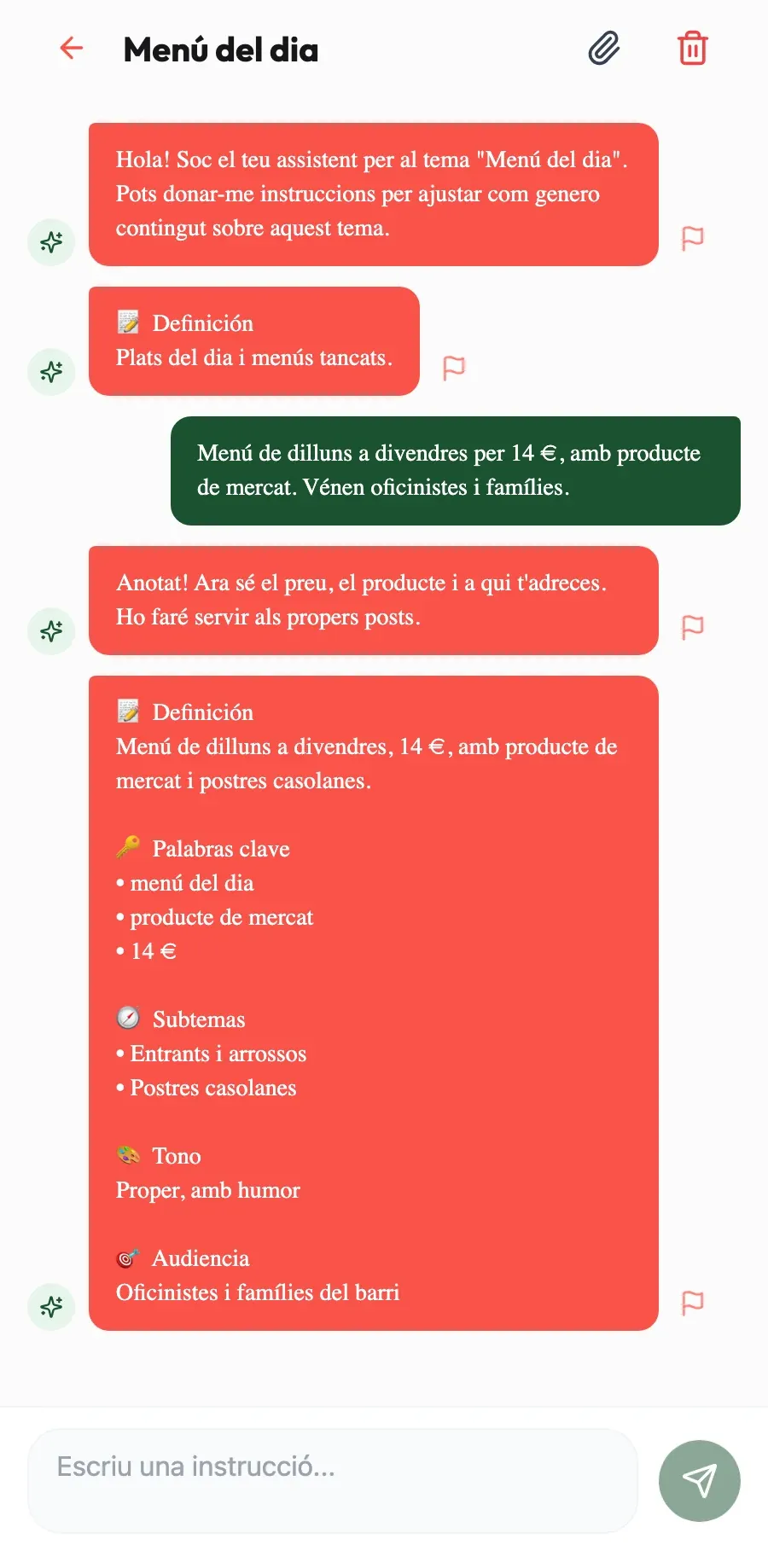 Aprèn com cuines. Explica-li que el menú costa 14 € i ho recordarà als propers posts.