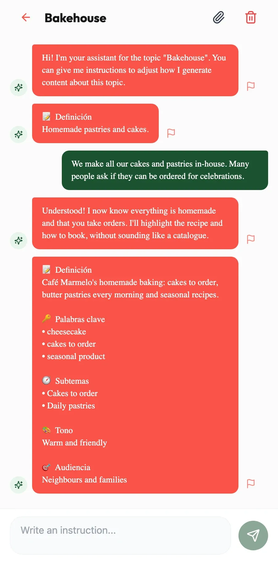 It learns your products. Tell it how you make the pumpkin cake and it will remember it in every post.