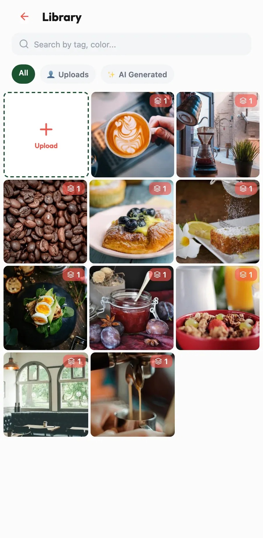 Your photos, put to work. Upload the latte art and the day's pastries and they are reused in posts and Stories.